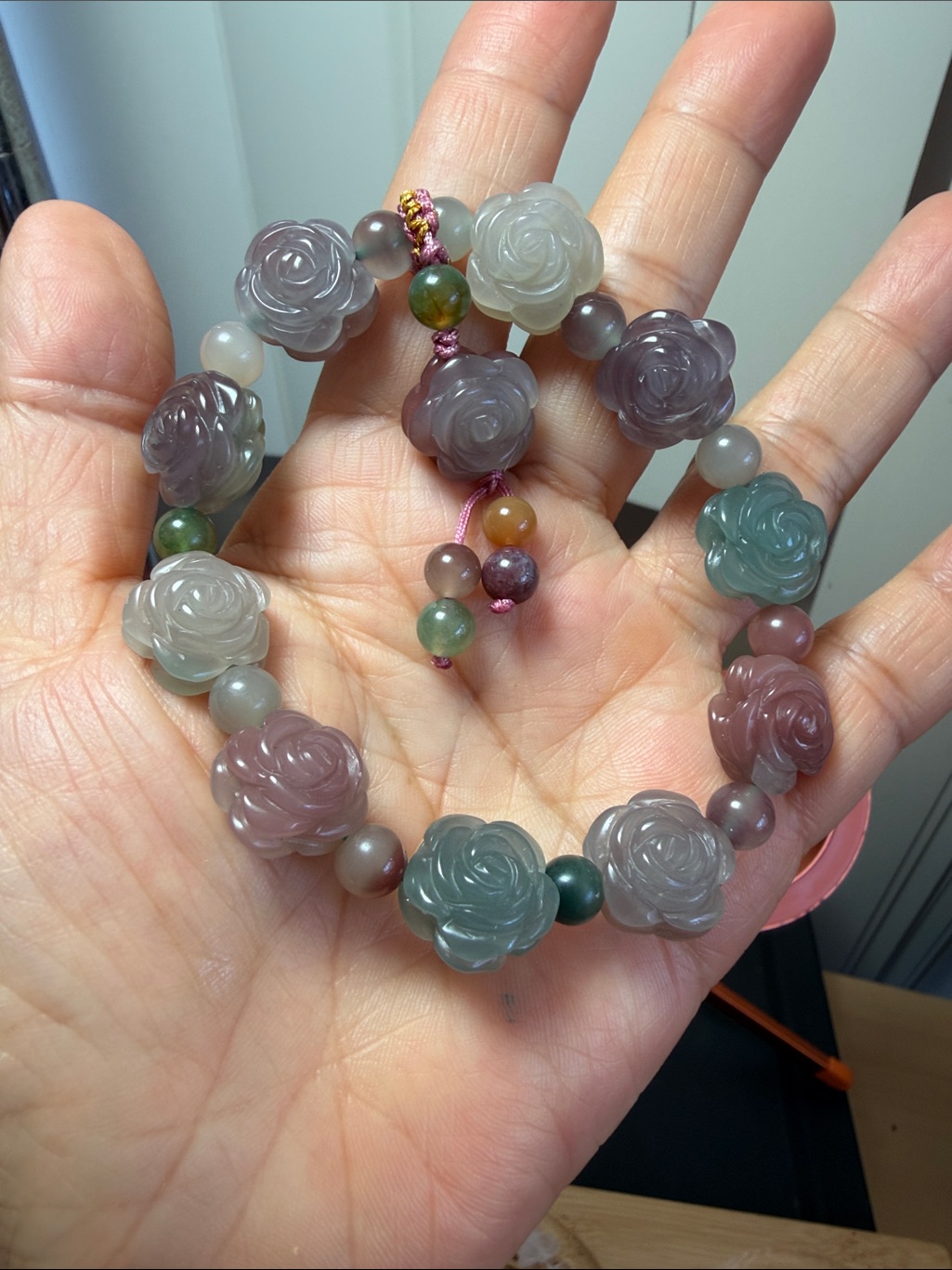 Multicolor Rose Carved Natural Alashan Agatw Stone Bracelet - Women Jewelry